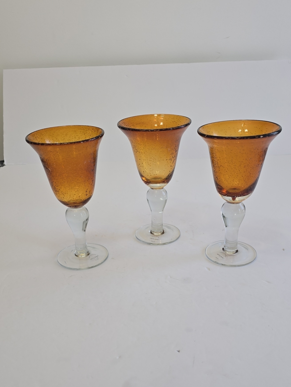 Artland Set Of 3 Iris Amber Water Goblets Hand Crafted Bubble Glass